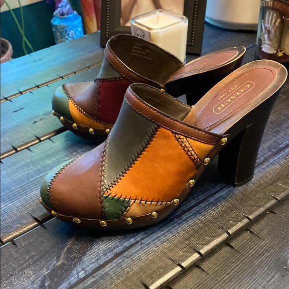 Coach Retro Brown and Green Leather Clogs - Picture 1 of 9